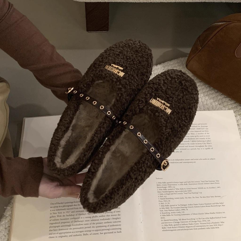 Autumn and Winter Retro Flat Soft-soled Fluffy Shoes Women Wear Autumn and Winter Velvet Cotton Shoes Mary Jane Shoes