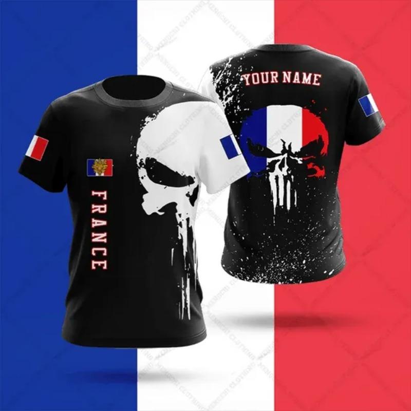 

Футболки с французской эмблемой и рисунком черепа на заказ, летняя повседневная уличная одежда, мужская мода, футболки с круглым вырезом, топы для мальчиков большого размера с коротким рукавом L