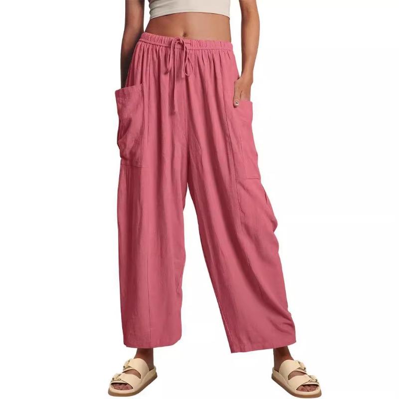 Spring and Summer Elastic Waist Pleated Mid Waist Straight Leg Pants, Loose Casual Cotton and Linen Cropped Pants
