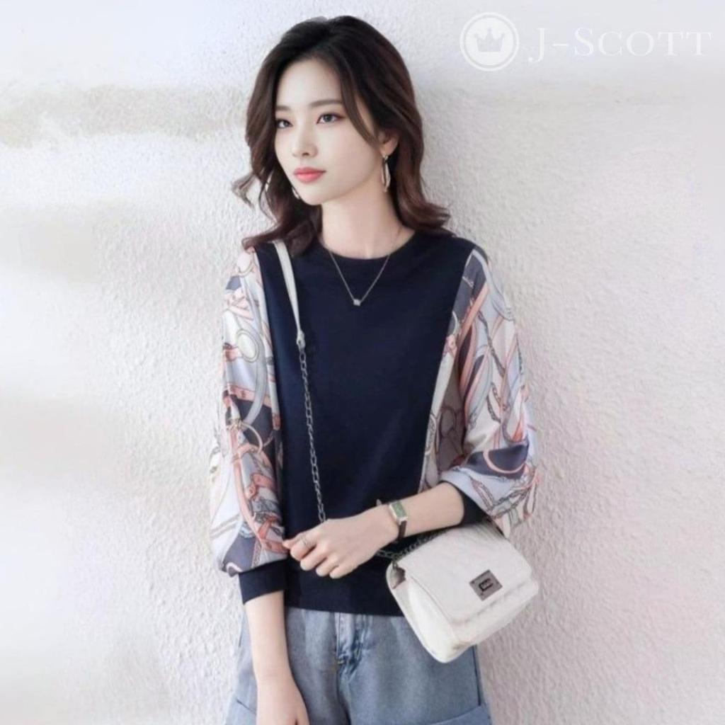 Pullover Blouse with Scarf Print Mixed Round Dolman Long J-Scott Women's Sleeves, Fabric, Neck, Sleeves, Sleeves, Navy, JS16-NV-L