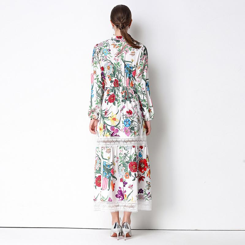 2026 New Floral Print Lace Patchwork Maxi Dress Women Elegant V Neck Long Sleeve White Casual Party Long Dresses Bohemian Robe