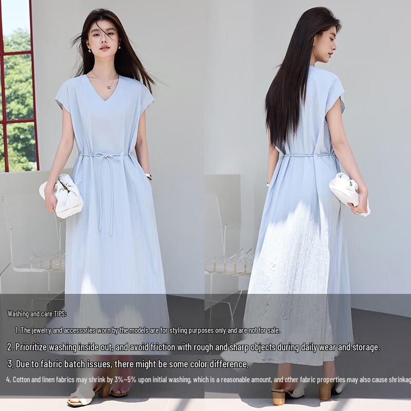 VICTORIA&VERA Summer V-Neck Drop-Shoulder Tie-Waist Midi Dress