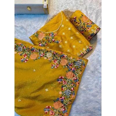 Soft Crunchy Silk Fabric with Multi Thread Work and Piping Lace Border.