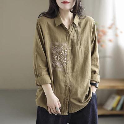 Women Spring Retro Plus Size Top Fall Loose Casual Plus Size Lapel Embroidery Shirt