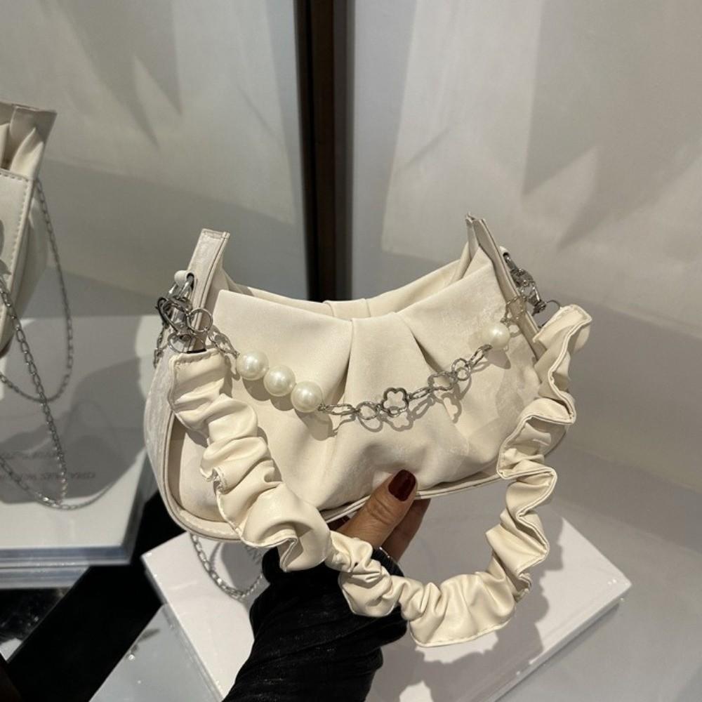 PU Leather Pearl Chain Crossbody Bag Korean Style Pleated Handbag Cloud Shoulder Bag Office Worker