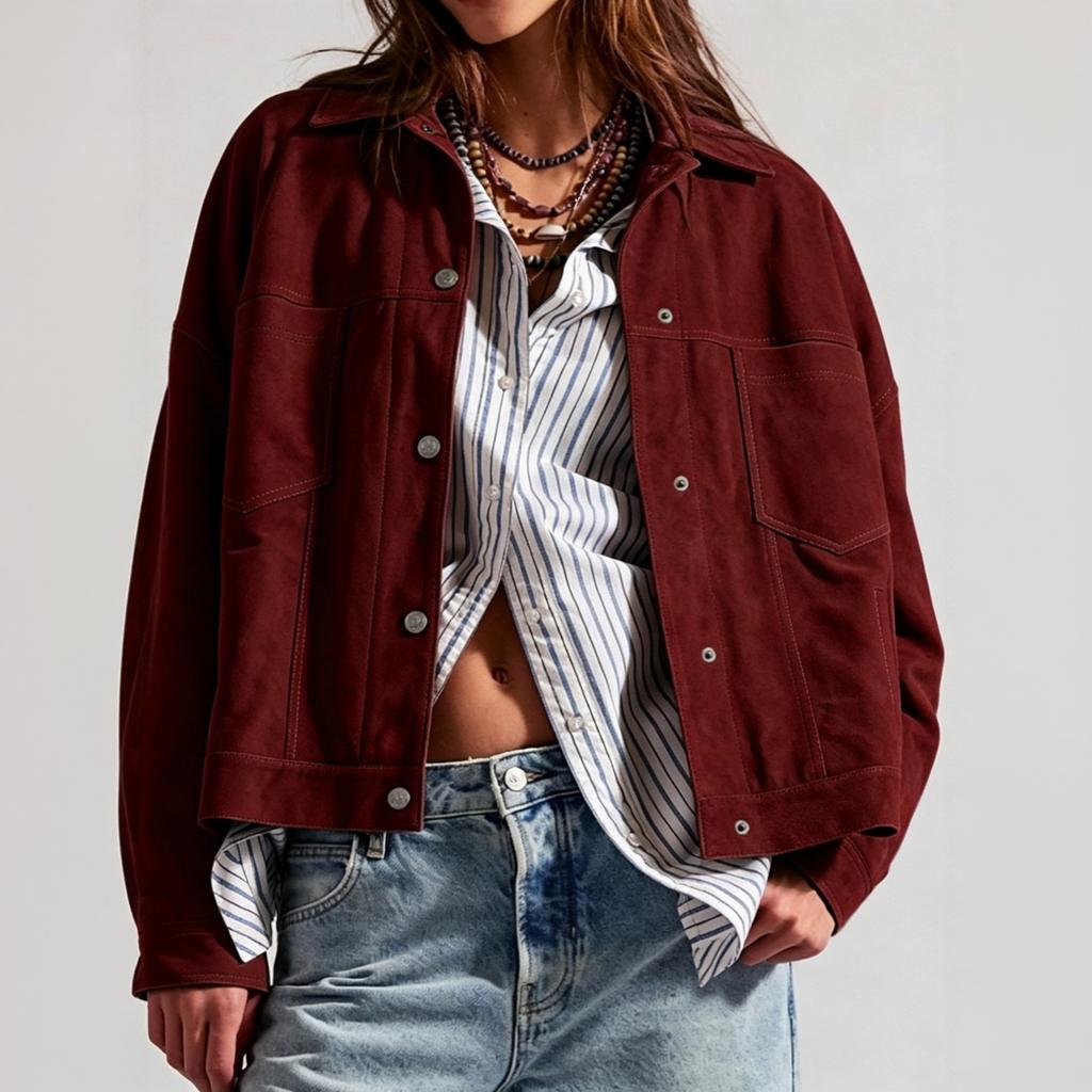 Women's Fashion Zip-Up Loose Fit Color Casual Jacket for Everyday Wear