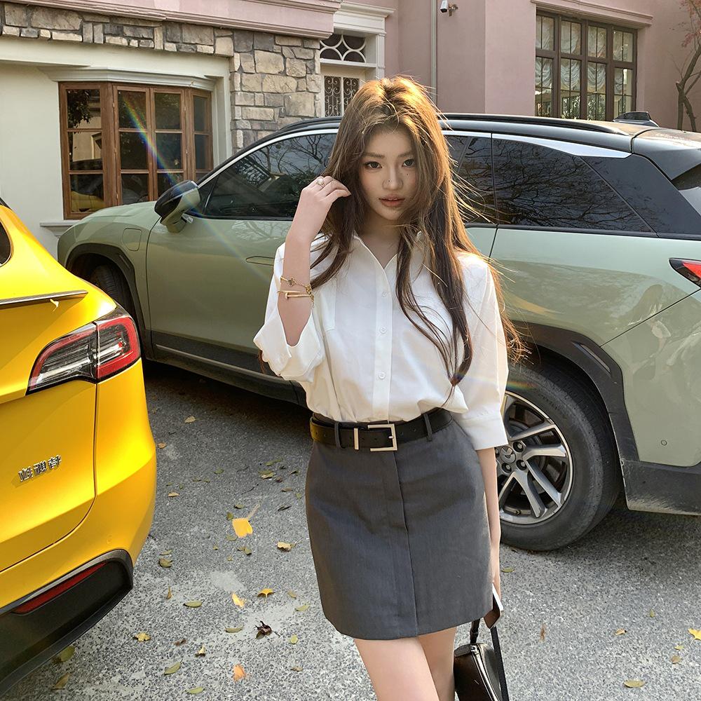 

Spring & Summer Color-Block Waist-Cinching Shirt Dress for Women Large