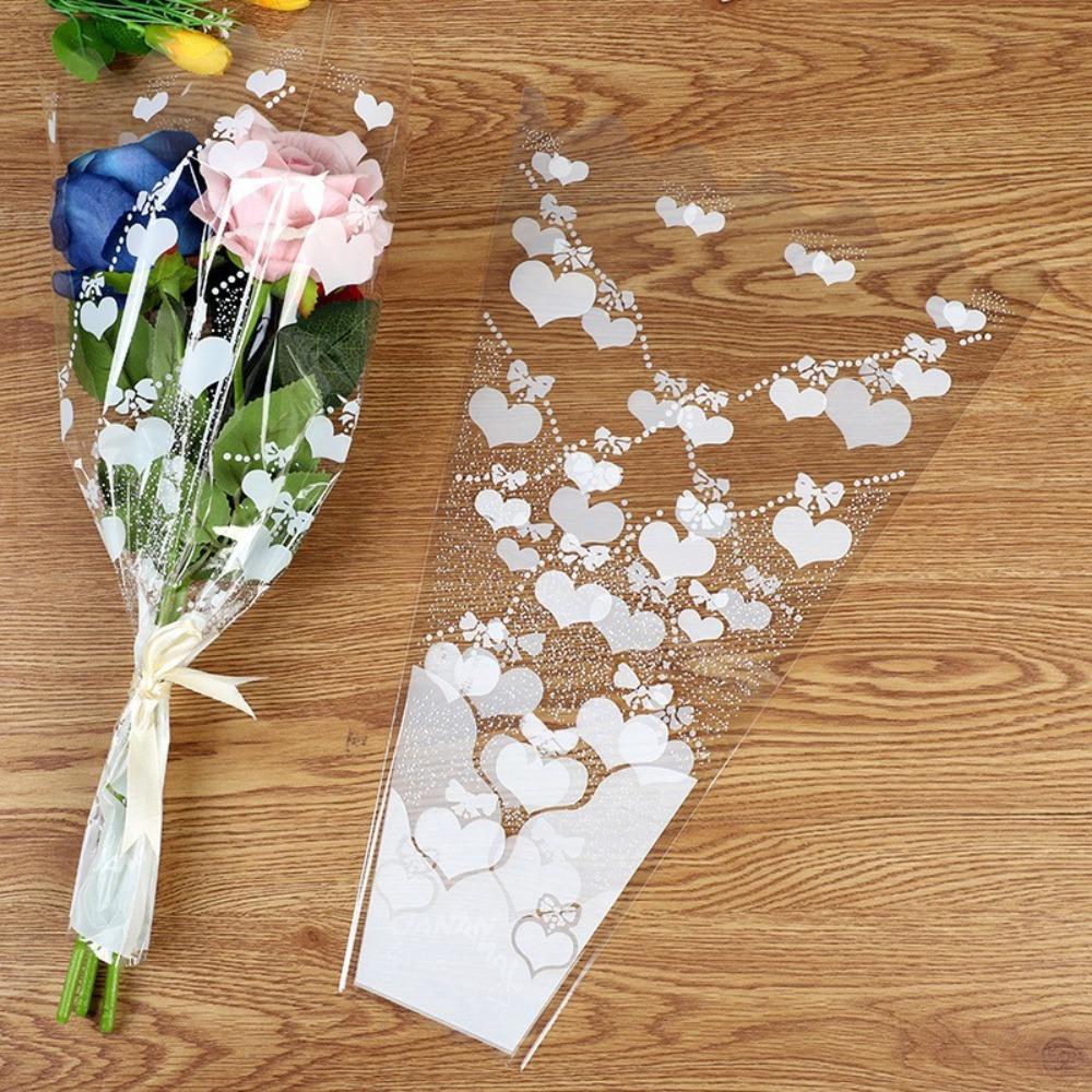 

100 Pieces Transparent Plastic Flower Packaging Bags Heart-Shaped Floral Wrapping Bag Birthday