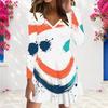 Women Plus Size V Neck Long Sleeve Printed White Teal A Line Dress
