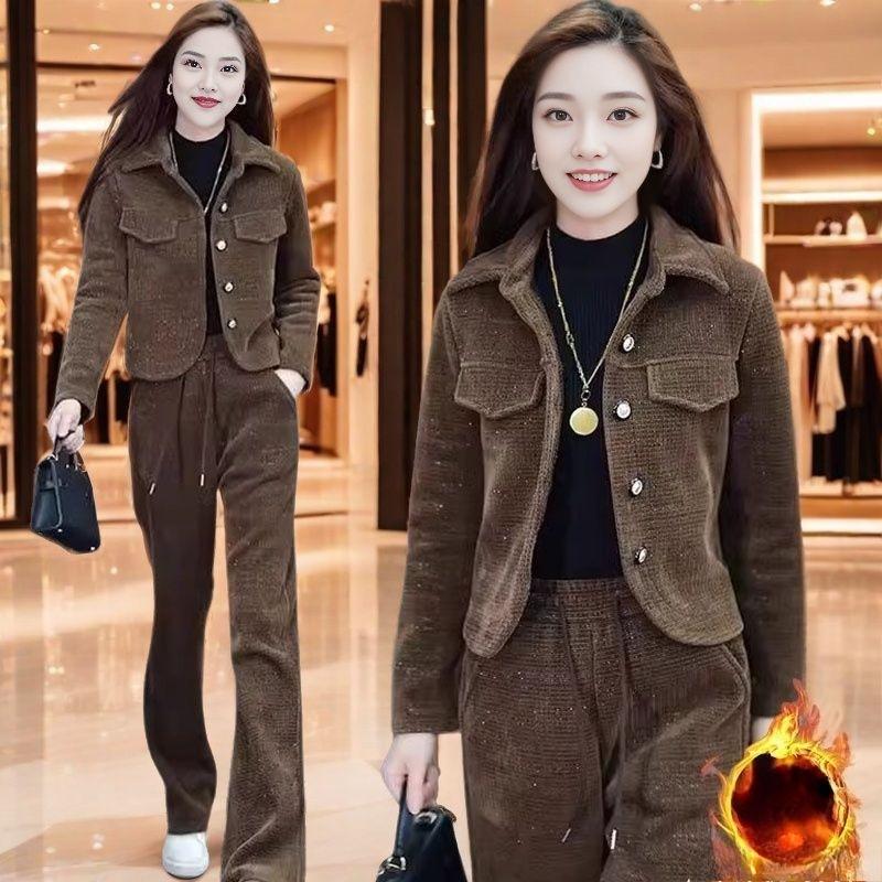 Fashionable Velvet Thickened Casual Suit for Autumn and Winter, Elegant Loose Jacket and Trousers Two-piece Set