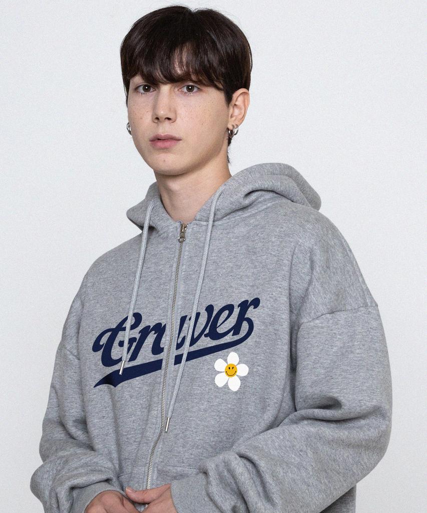 Graver [Unisex] Big Baseball Logo Flower Zip-Up Hoodie_Gray