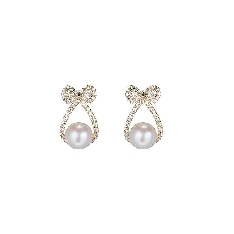 Simple and compact bow pearl earrings, women's atmosphere stud earrings, niche temperament, versatile and popular ear jewelry