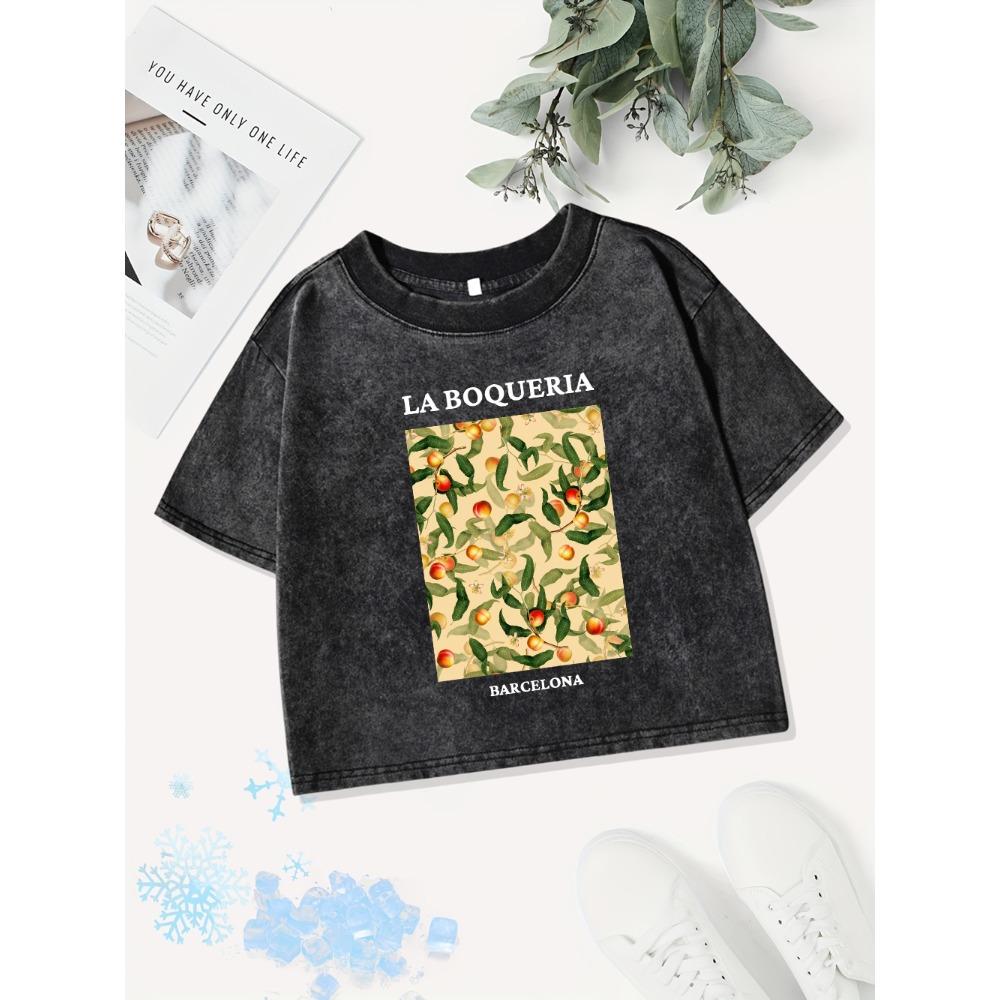 

Summer Cotton Crop Tops Women Barcelona Fresh Peaches Prints Washed T-Shirts Regular Fit O-Neck Clothes M