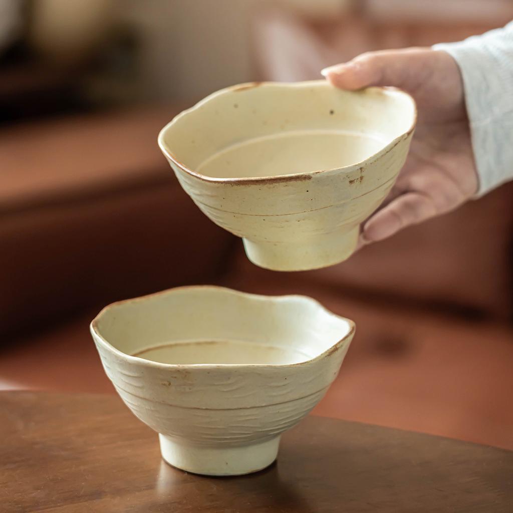 Coarse Pottery Petal Edge Ceramic Bowl Household Rice Bowl Retro Style Tableware Bowl Commercial Tall Bowl