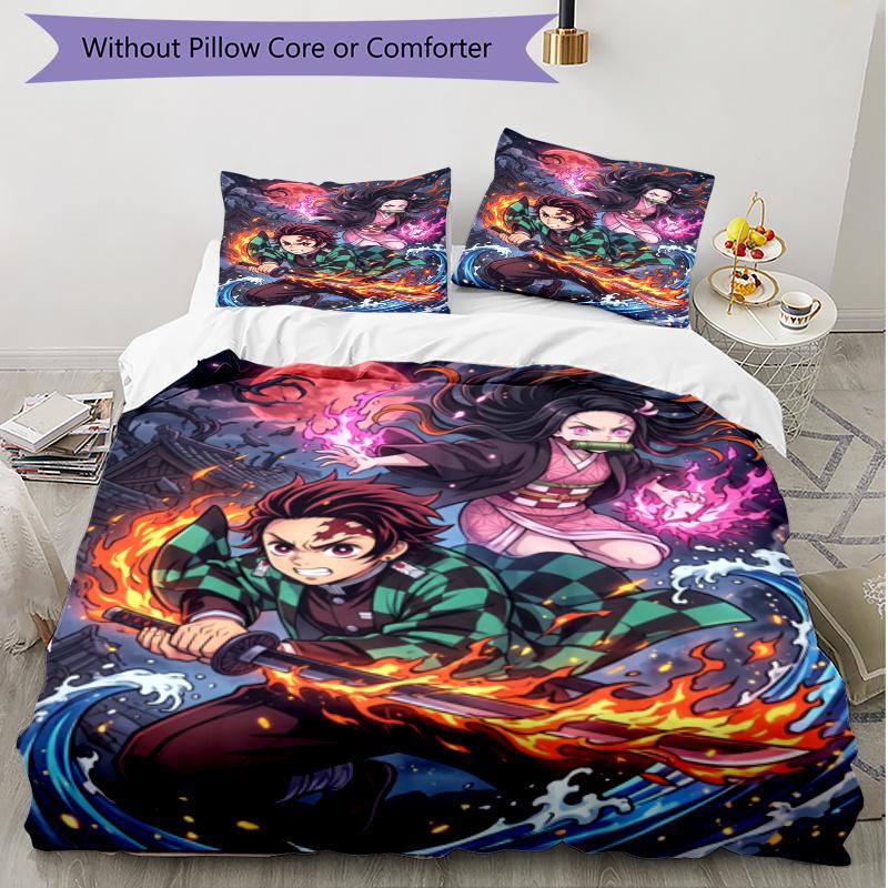3pcs Duvet Cover Set (1*Duvet Cover + 2*Pillowcase, Without Core), Demon Slayer Print Soft All‑Season Bedding Set, Home Bedroom Decor Gift