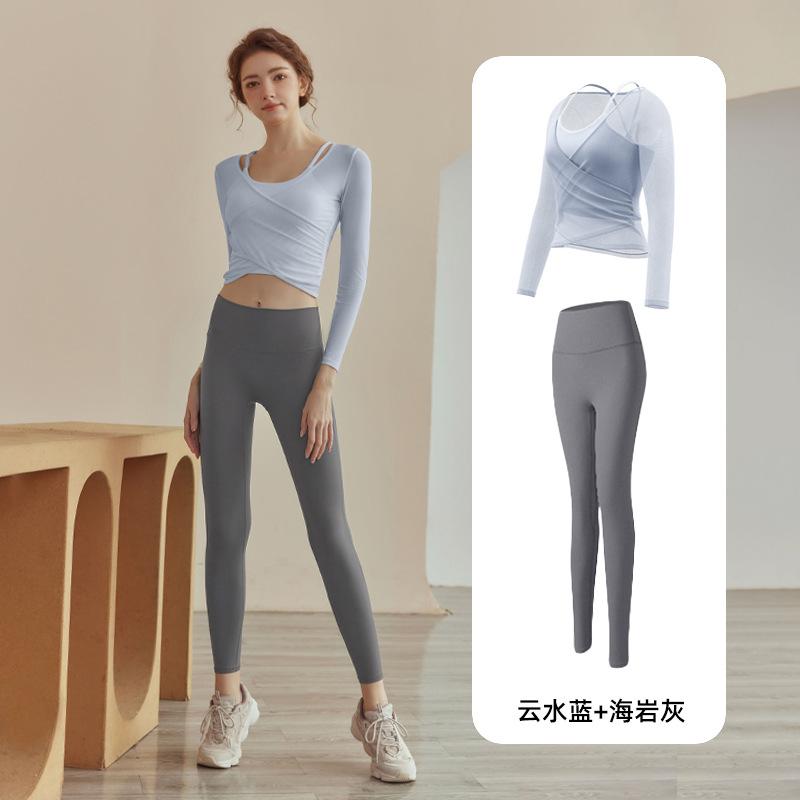 Two-piece mesh top, long-sleeved vest, professional Pilates training with chest pad, yoga clothes, women's gym exercise