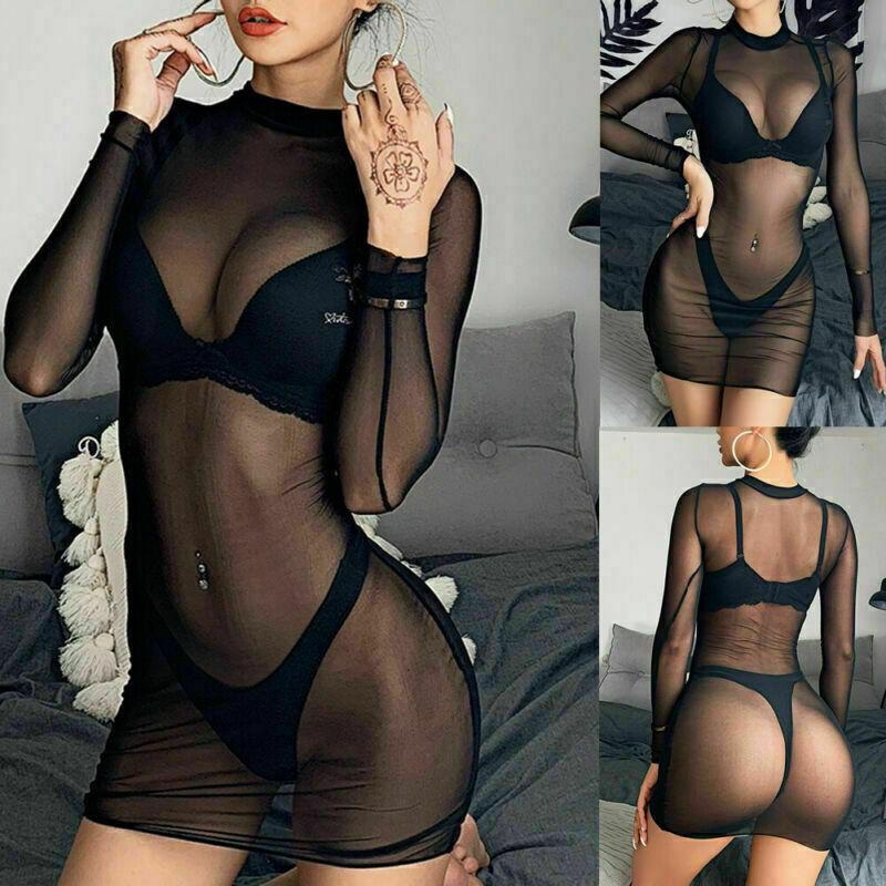 Bodycon Tight Dress Women Sexy Solid Color Long Sleeves See-through Pajamas