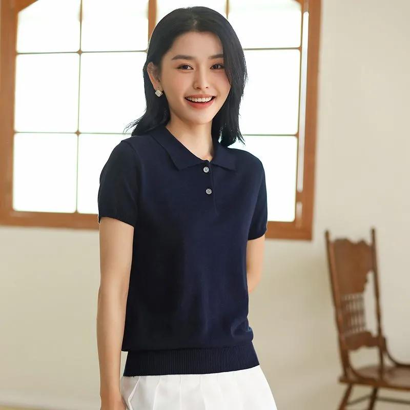 Women's Solid-Color Summer Polo-Neck Short-Sleeve Shirt Breathable, Comfortable, Simple, Commuter-Ready, Straight-Shoulder Top