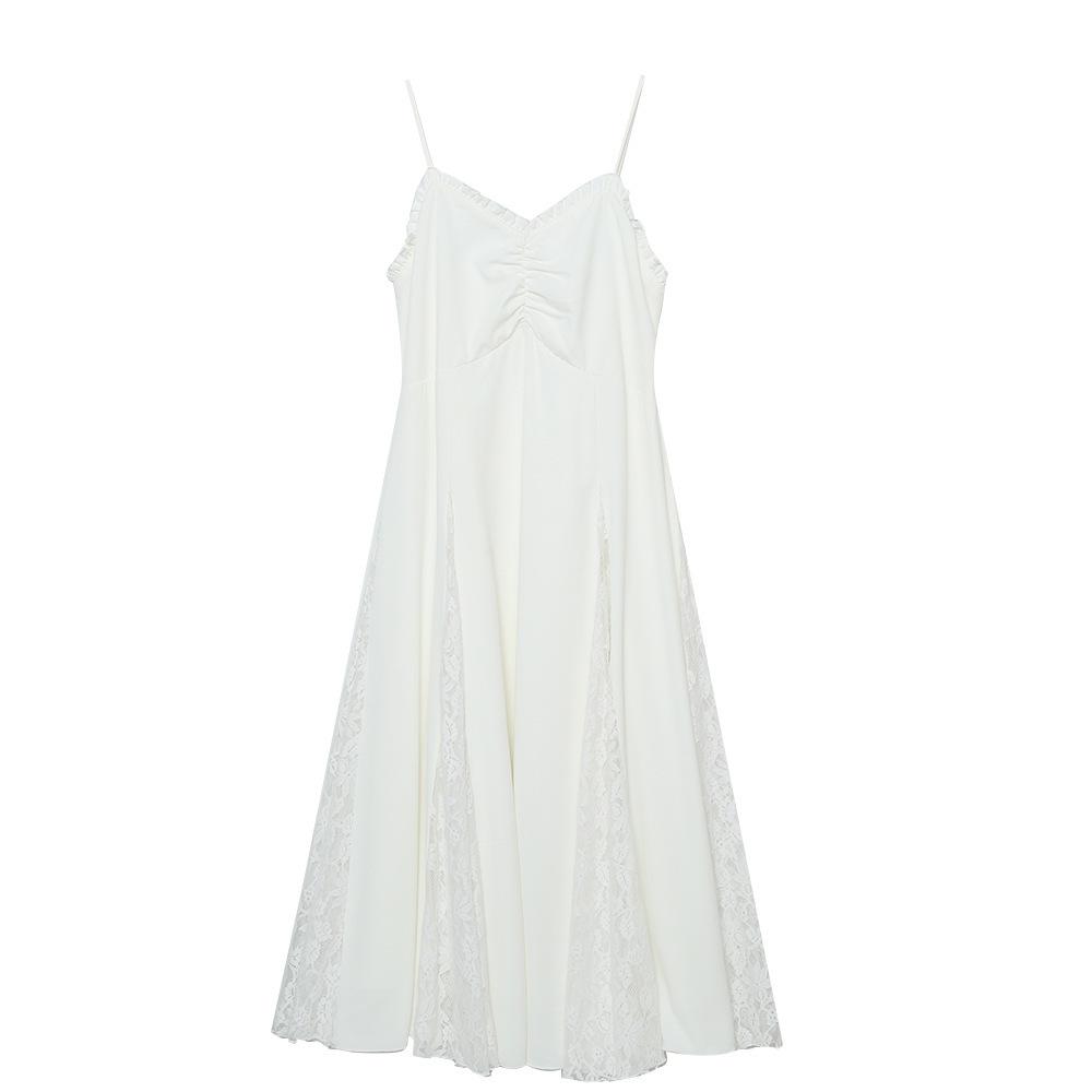 Women's Loose Fit A Line Slip Dress Sleeveless Ruffle Trim Lace Patch Midi Dress