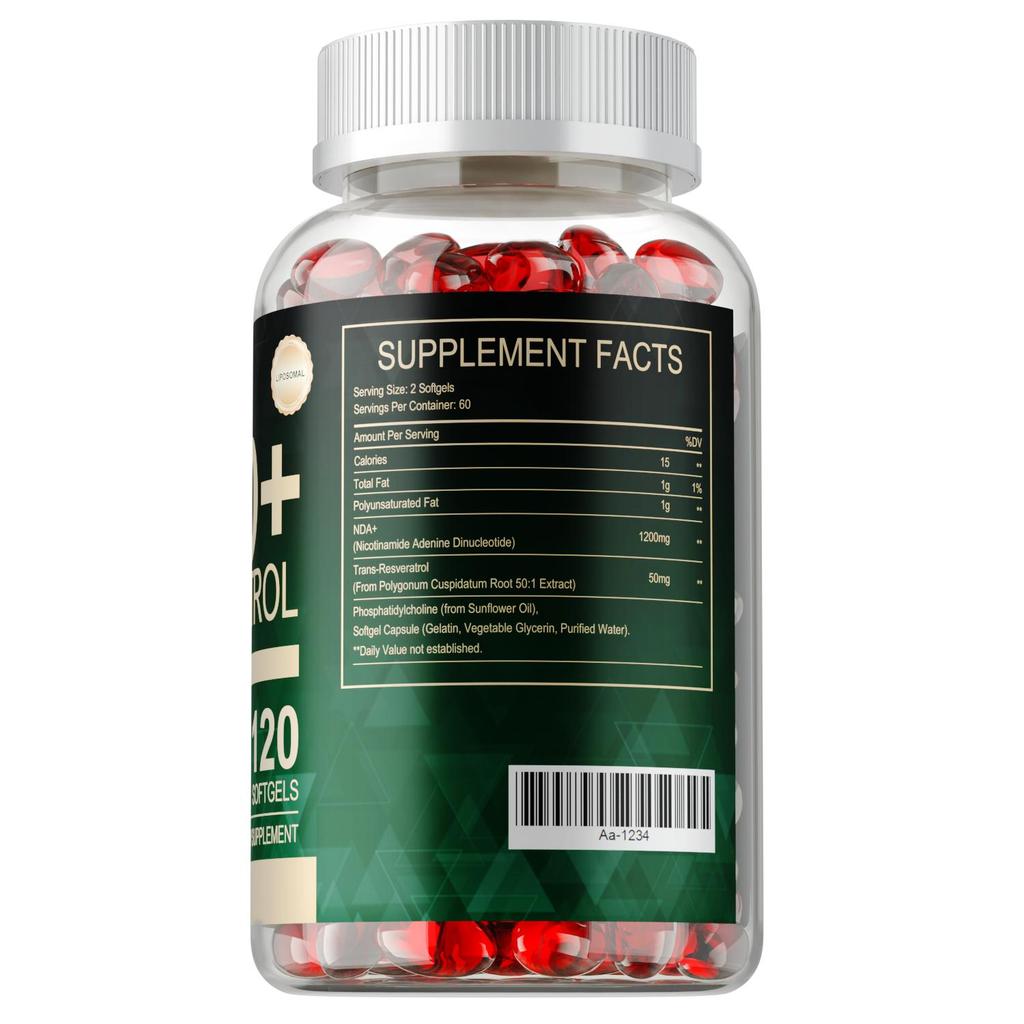 NAD+ Resveratrol Dietary Supplement Supports Cellular Energy, Anti-aging, and Skin Health. 120 Softgels.