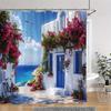 Mediterranean Seaside Cottage Shower Curtain, Waterproof And Mildew-Resistant For Vibrant And Scenic Bathroom Decor