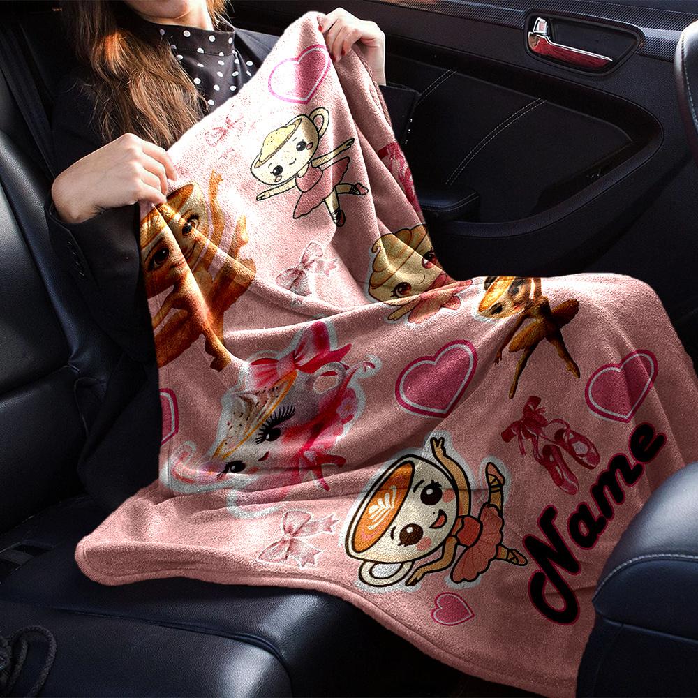 Dancing Cup Characters With Hearts And Ribbons Throw Personalized Blanket Customize Your Name Soft Warm Cozy Great For Sofa Couch Office Bed Picnics