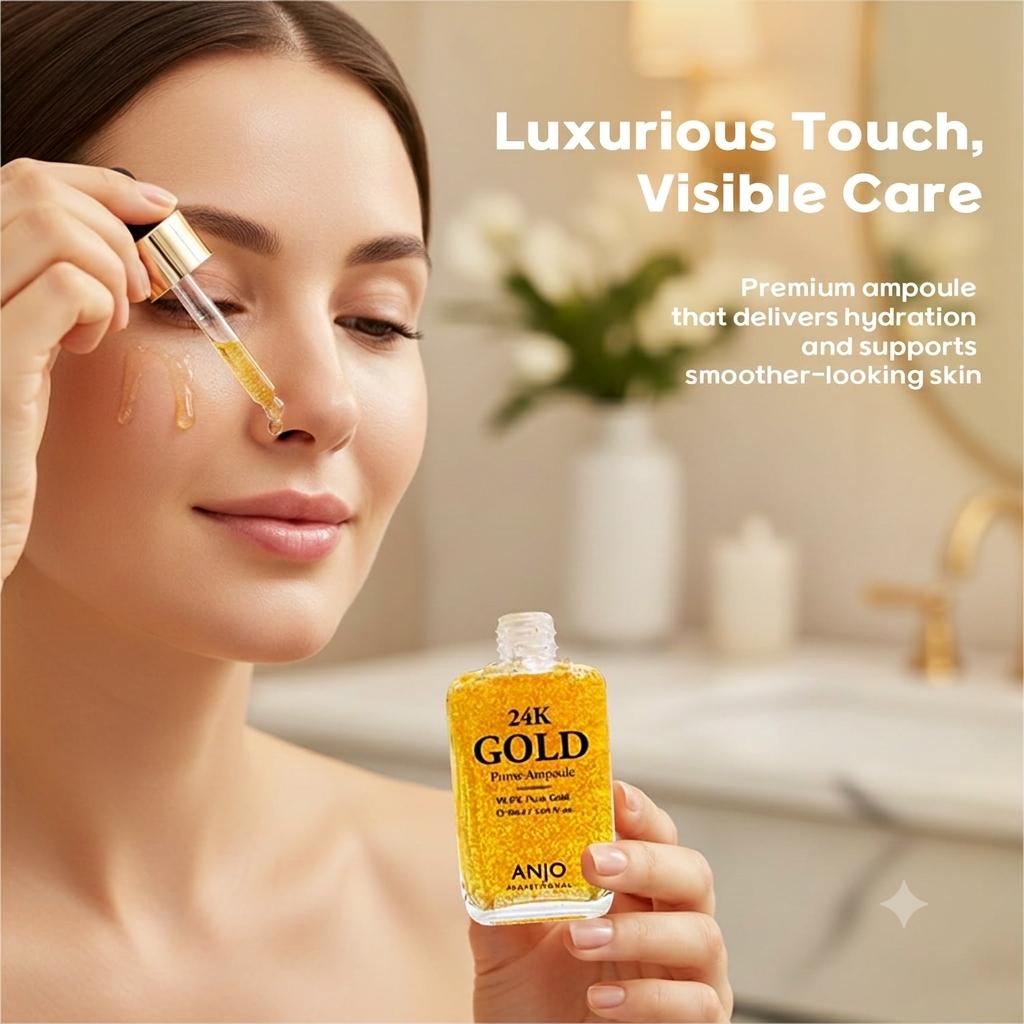 ANJO 24K Gold Prime Ampoule, Hydrating Facial Serum, 90ml – Luxury Gold Infused Hydrating Serum