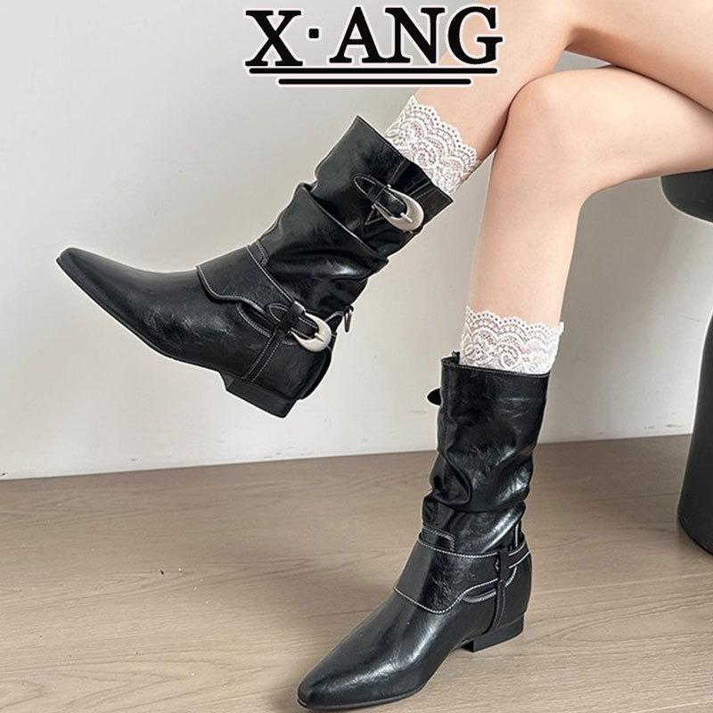 Cowhide version brown pile boots women's western cowboy boots autumn new thick heel knight boots Martin boots