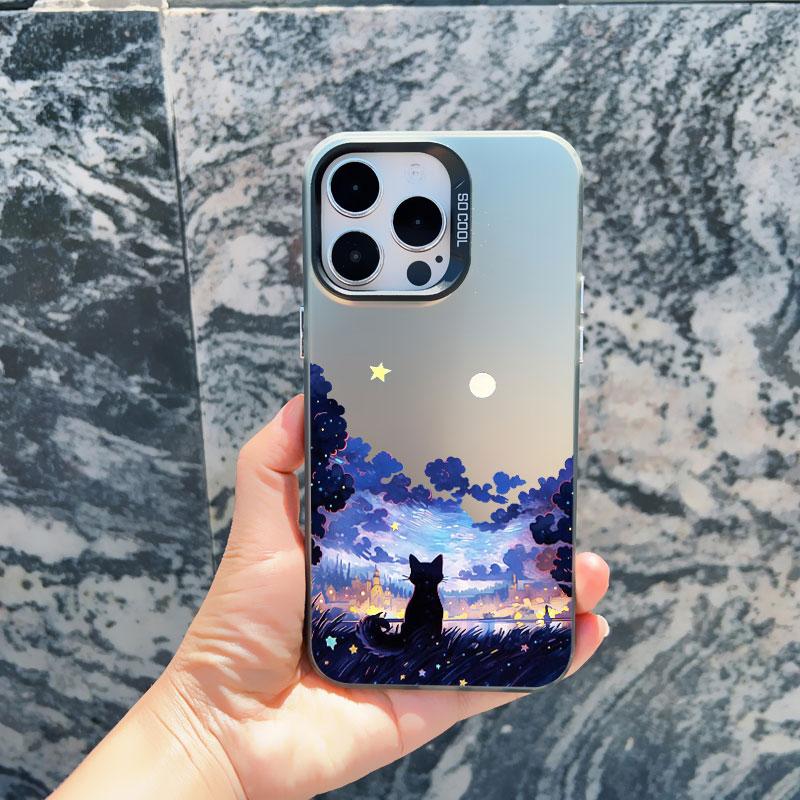 

Oil Painting Starry Sky Cat Phone Case for iPhone 13 12 Mini 11 Pro Max 15 14 Pro Max 16 Plus Shockproof Laser Matte Back Covers iphone14 pro