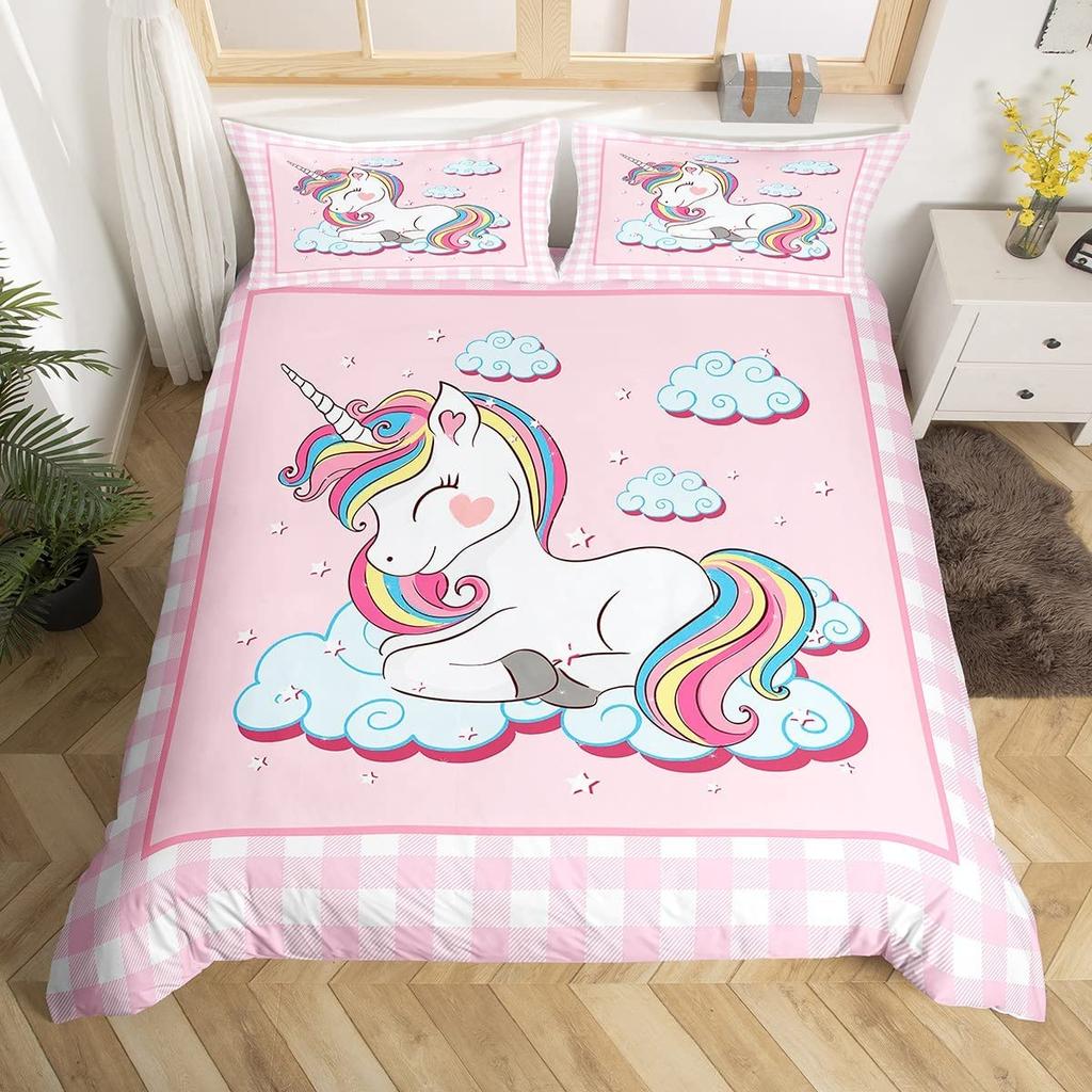 Girls Unicorn Duvet Cover Set King Size Cute Golden Glitter Unicorn Bedding Set Pink Floral Quilt Cover Fantasy Animals Bed Set