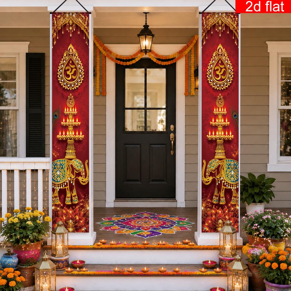 2D Flat, 2D Door Banner, 2pcs Diwali Banner Suitable for Front Porch & Party Decorations - Traditional Indian Deities, Multi-Layered Candlesticks with