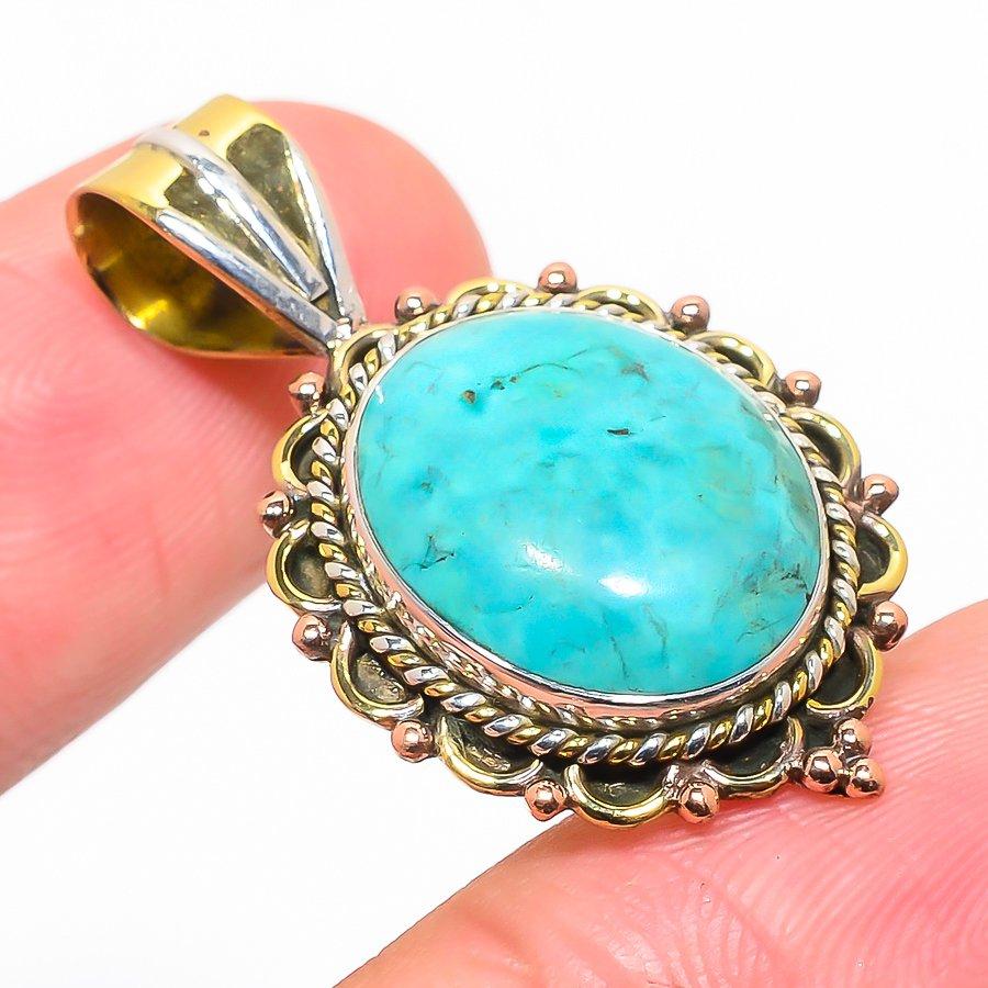 Natural Tibetan Turquoise Two Tone 925 Solid Sterling Silver Pendant 1.50'' z9q92