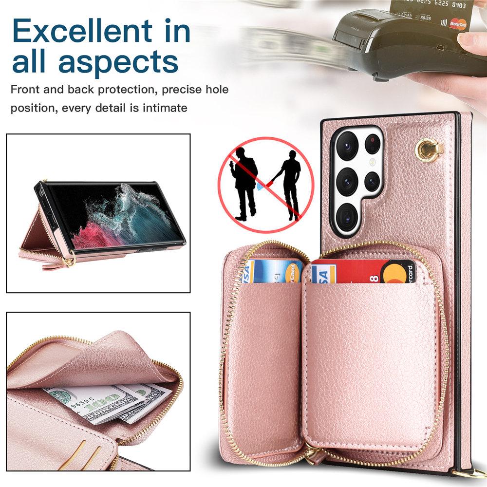 Leather Crossbody Wallet Cards Phone Case For Samsung Galaxy S25 S24 S23 Ultra S22 S21 S20 Note 20 S24FE Lanyard Zipper Cover