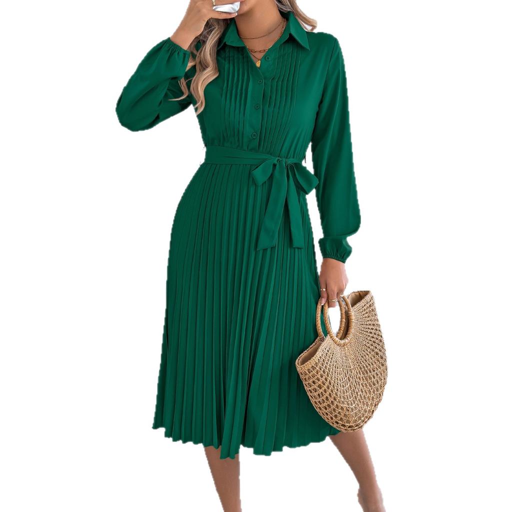 Spring and Summer Elegant Solid-color Collared Long-sleeved A-line Wrap Dress for Women