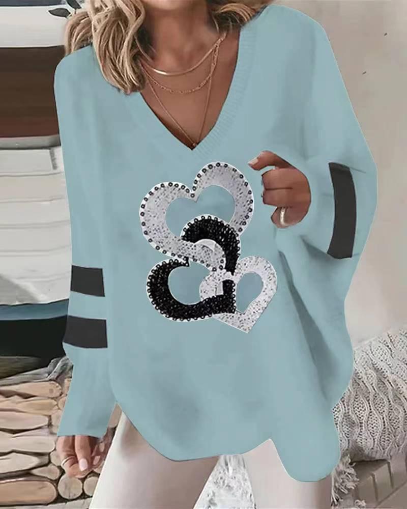 2023 Women's V-Neck Geometric Heart Sweatshirt: Casual Autumn/Winter Long-Sleeved Loose Fit