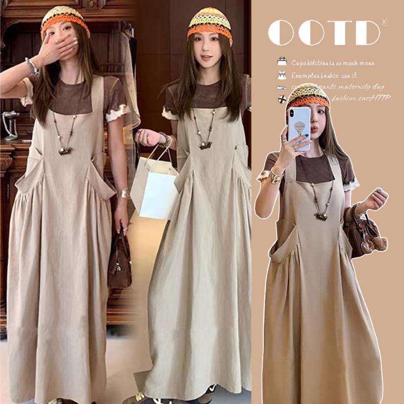 Elegant Summer Maternity Two-Piece Set: Loose Dress & Short-Sleeved Top Double Extra Large