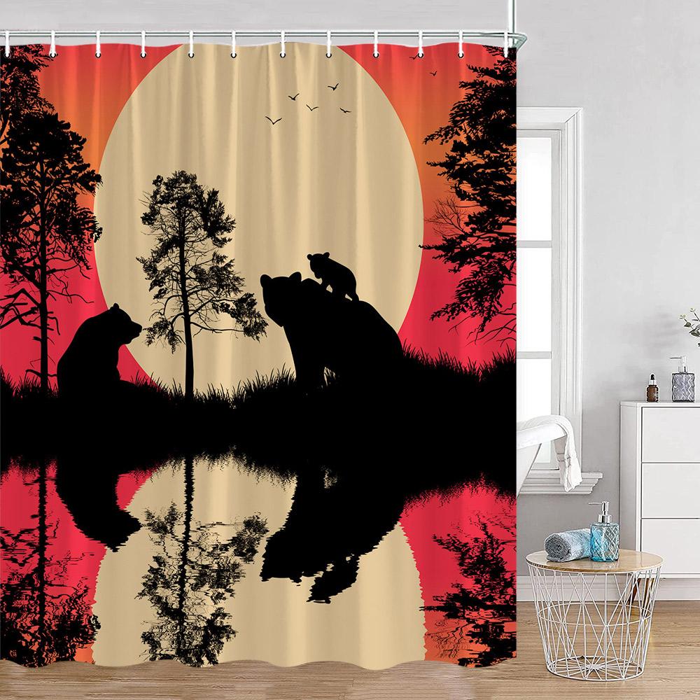 Funny Bear Shower Curtains Bathing Bear Wooden Plank Pattern Fabric Bathroom Decor Bear Silouette Rustic Bath Curtain With Hooks