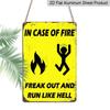 2D Flat - 1pc Vintage "Freak Out and Run Like Hell" Metal Sign - 8x12 Inches, Yellow with Black Text & Fiery Design, Retro Wall Decor for Home, Bar