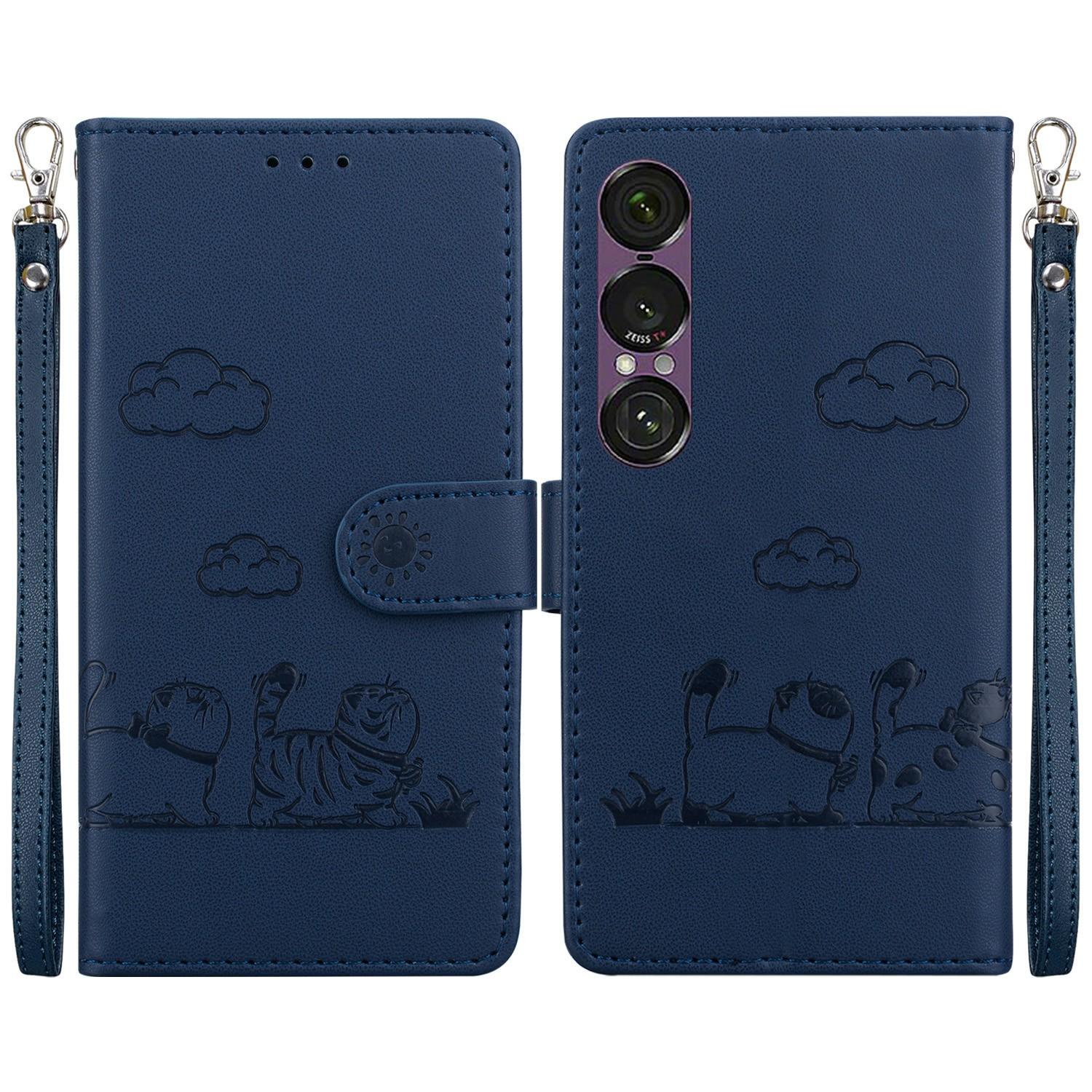 

For Sony Xperia 1 VII Case RFID Blocking Kitten Pattern TPU+PU Leather Phone Cover with Wrist Strap Blue