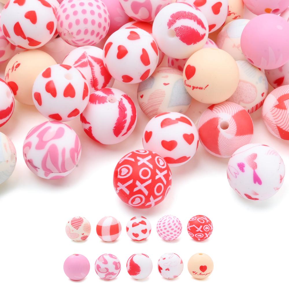 10Pcs 15mm Baby Infant Nipple Appeal Other Chain Clips Dummy Holder Nipple Accessories Pink Love Print Food Grade Silicone Beads
