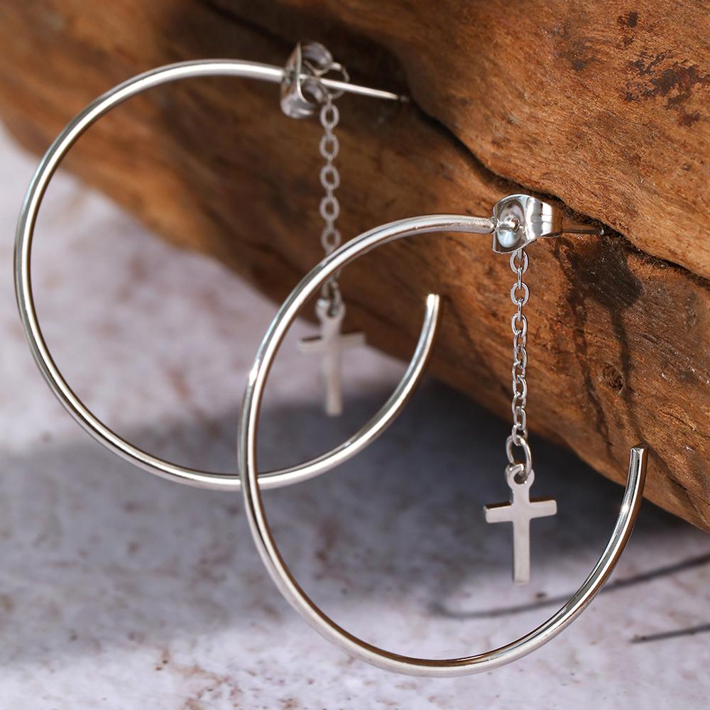 Stainless Steel Earrings C-shape Punk Cross Pendant Classic Fashion Personality Dangle Earrings For Women Zircon Banquet Gifts