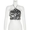 Beachwear Silver Sequin Camisole Short Women's Lace-Up Vest Design Glitter Tank Top  Vacation