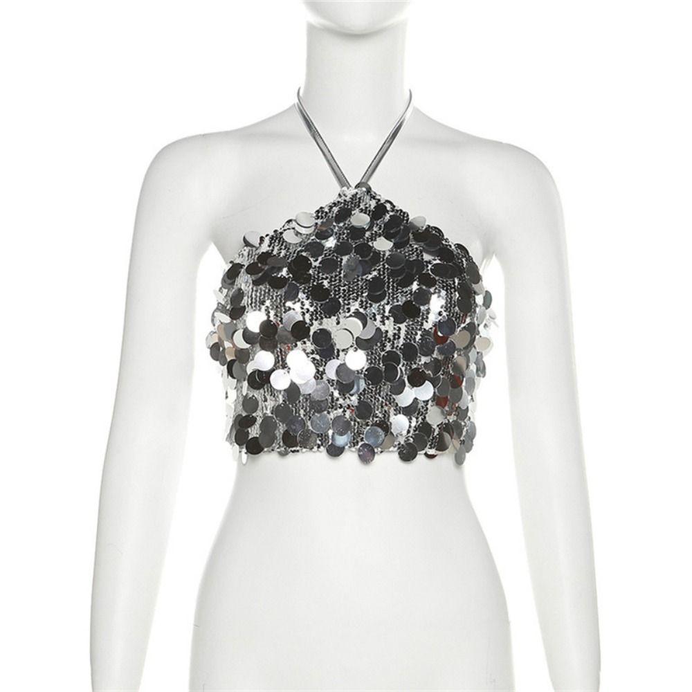 Beachwear Silver Sequin Camisole Short Women's Lace-Up Vest Design Glitter Tank Top Vacation