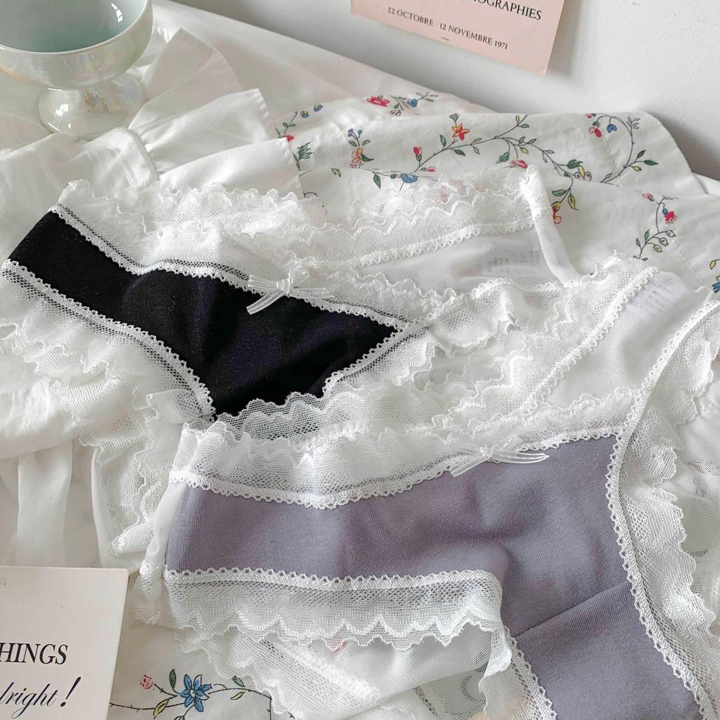 Damtrosor med färgblock och spetsrygg - Sexiga, söta, låg midja, andningsbart mesh med gren i ren bomull