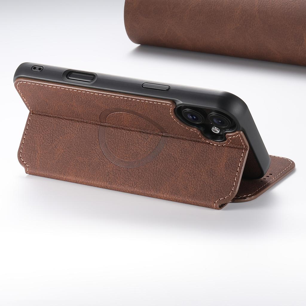 SUTENI J06 For iPhone 16 Plus Case Litchi Texture Leather Wallet Phone Shell Compatible with MagSafe