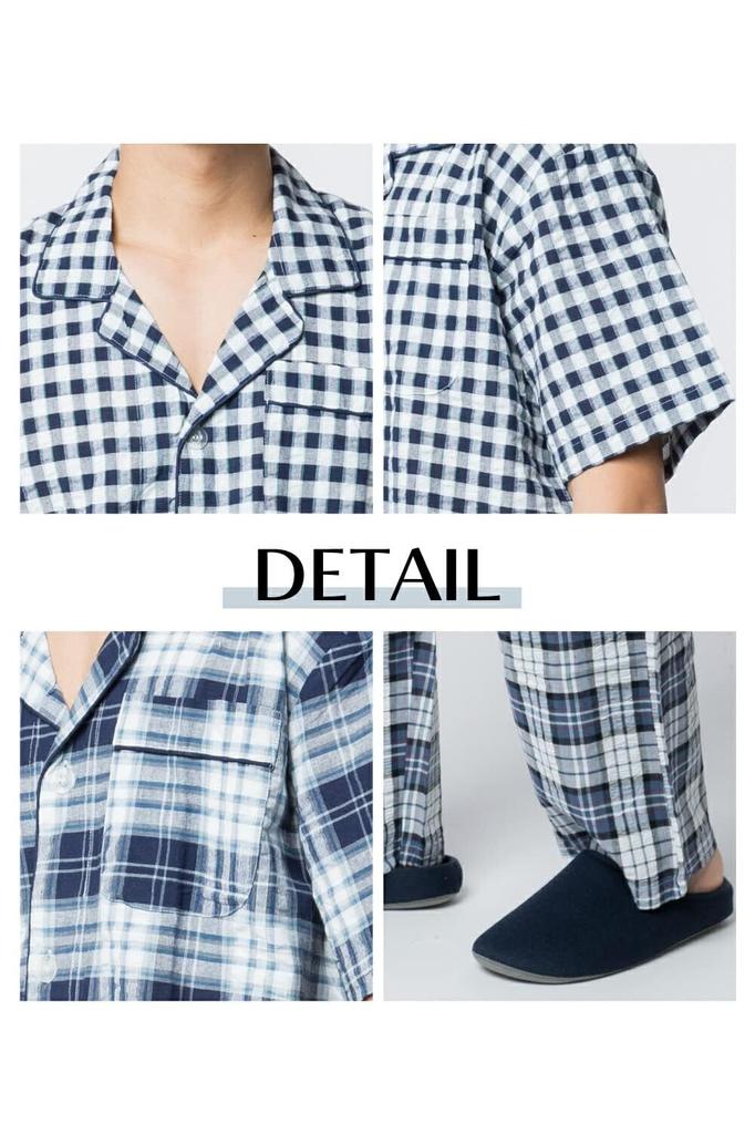 Factory Checkered Soccer Short Long Checked Loungewear for Spring and Smooth Breathable Size Y's Men's Pajamas, 100% Cotton, Sleeves, Pants,