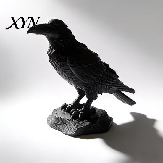 Dark Style Crow Statue 3D Printed Statue, Gothic Academia Bird Sculpture, Matte Black Raven Detailed Sculpture Figurine, Stable Rock Base for