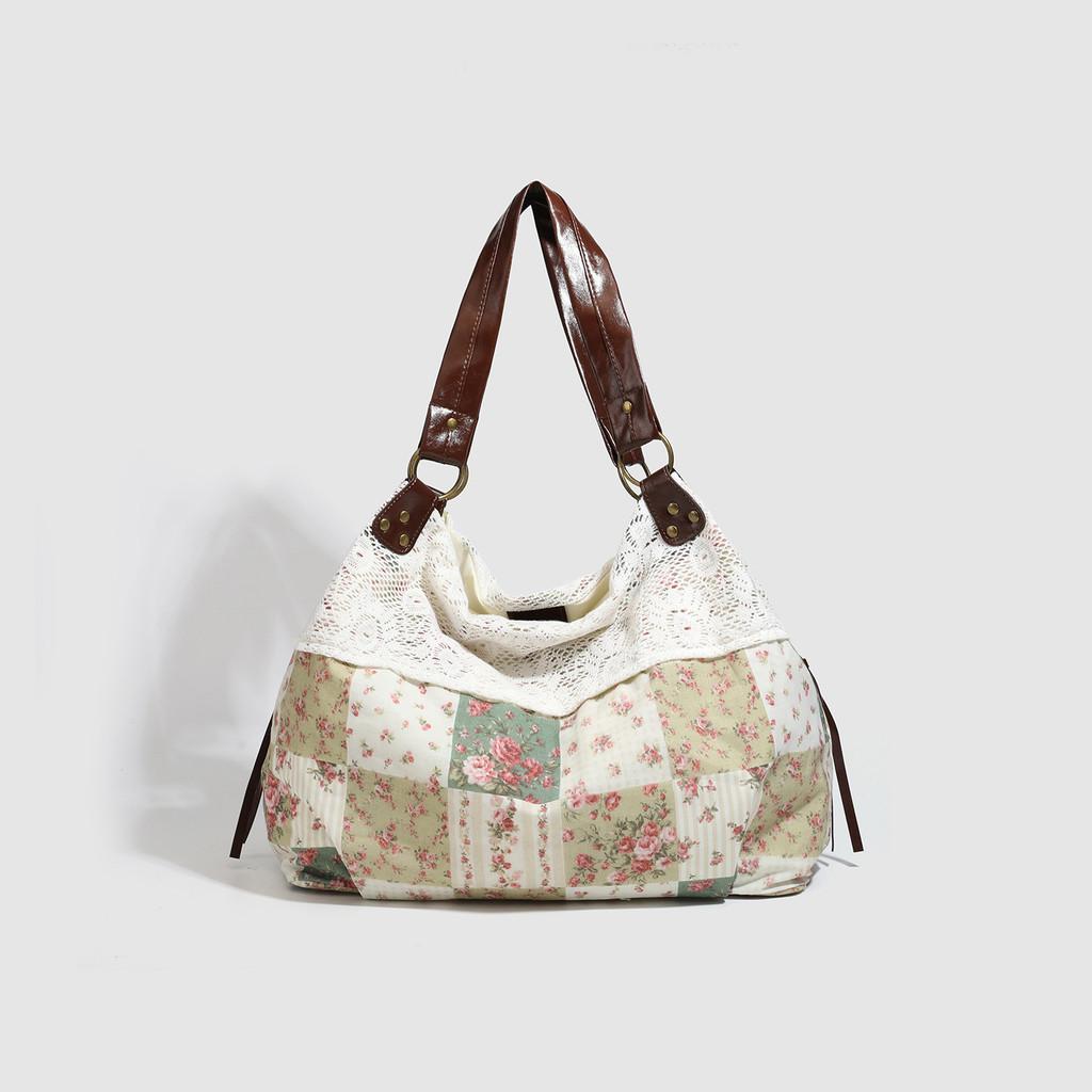 Casual Floral Cotton Patchwork Embroidered Bag For Daily Use With Lock Closure