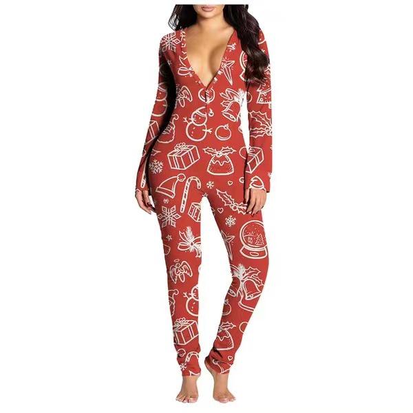 2023 Europäischer & Amerikanischer Weihnachten Langarm Knopfleiste Bedruckter Erwachsenen Jumpsuit