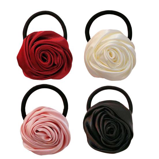 Hair Tie French Style Glossy Satin Rose Flower Decor Handcrafted 3D Petal Design Hair Rope Soft Smooth Fabric Hair Accessory
